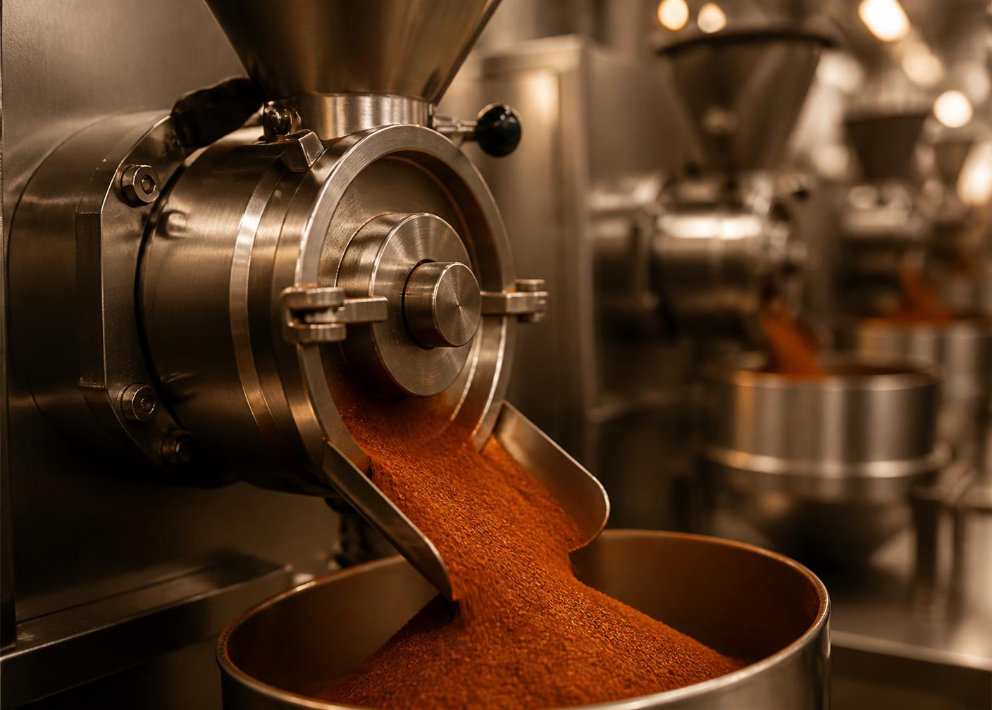 Stainless steel mill discharging freshly ground chile powder into a collection drum